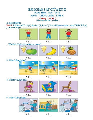 Bài khảo sát giữa kì 2 Tiếng Anh Lớp 6 Global Success theo CV5512 (Có file nghe và đáp án) Bài khảo sát giữa kì 2 Tiếng Anh Lớp 6 Global Success theo CV5512 (Có file nghe và đáp án)