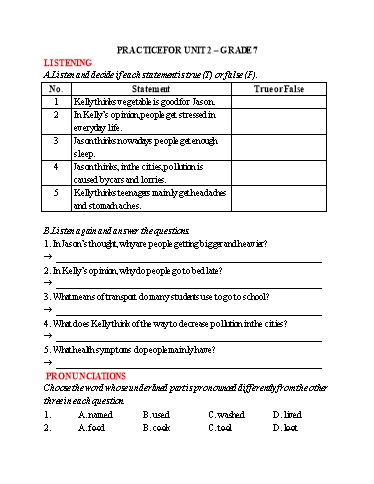 Bài tập 4 kỹ năng Tiếng Anh Lớp 7 Global Success - Unit 2 - Năm học 2022-2023