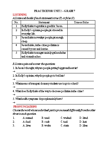 Bài tập bổ trợ 4 kĩ năng Tiếng Anh Lớp 7 Global Success - Unit 2 - Năm học 2022-2023