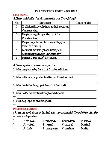 Bài tập bổ trợ 4 kĩ năng Tiếng Anh Lớp 7 Global Success - Unit 3 - Năm học 2022-2023
