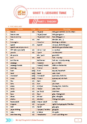 Bài tập bổ trợ 4 kĩ năng Tiếng Anh Lớp 8 Global Success - Unit 1: Leisure time (Có file nghe và đáp án)