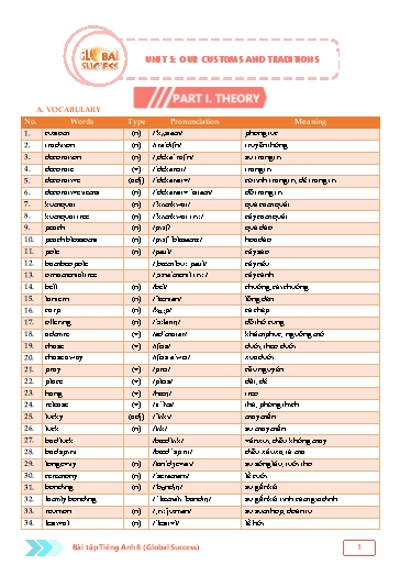 Bài tập bổ trợ 4 kĩ năng Tiếng Anh Lớp 8 Global Success - Unit 5: Our customs and traditions (Có file nghe và đáp án)
