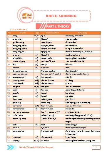 Bài tập bổ trợ 4 kĩ năng Tiếng Anh Lớp 8 Global Success - Unit 8: Shopping (Có file nghe và đáp án)