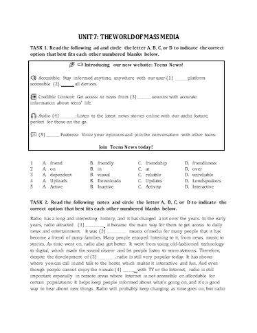 Bài tập bổ trợ học kì 2 Tiếng Anh Lớp 12 Global Success - Unit 7: The world of mass media (Có đáp án)