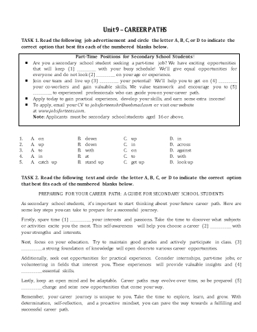 Bài tập bổ trợ học kì 2 Tiếng Anh Lớp 12 Global Success - Unit 9: Career paths (Có đáp án)