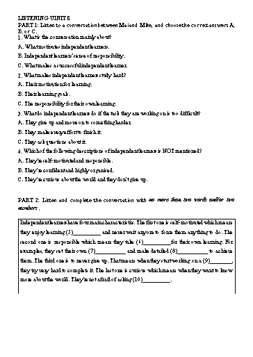 Bài tập bổ trợ Listening Tiếng Anh Lớp 11 Global Success - Unit 8: Being independent (Có file nghe và đáp án)