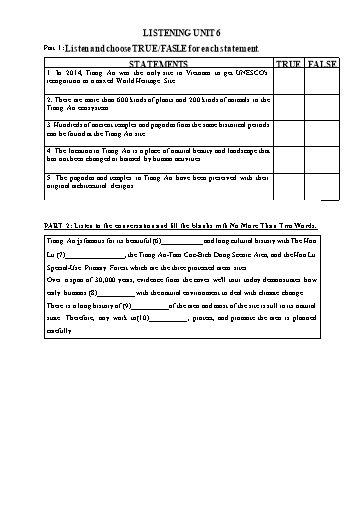 Bài tập bổ trợ Listening Tiếng Anh Lớp 11 Global Success - Unit 6: Preserving our heritage (Có file nghe và đáp án)