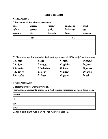 Bài tập bổ trợ môn Tiếng Anh Lớp 7 Global Success - Unit 1: Hobbies