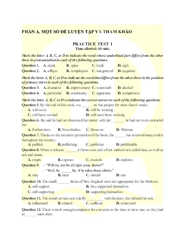 Bài tập bổ trợ ôn thi tốt nghiệp THPT môn Tiếng Anh - Đề 1 (Có đáp án)