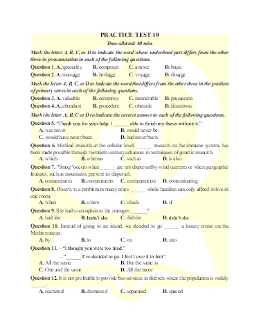 Bài tập bổ trợ ôn thi tốt nghiệp THPT môn Tiếng Anh - Đề 10 (Có đáp án)