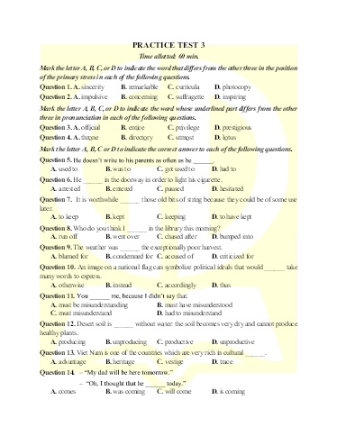 Bài tập bổ trợ ôn thi tốt nghiệp THPT môn Tiếng Anh - Đề 3 (Có đáp án)