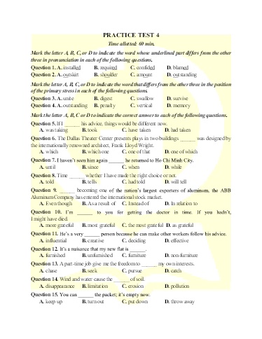 Bài tập bổ trợ ôn thi tốt nghiệp THPT môn Tiếng Anh - Đề 4 (Có đáp án)