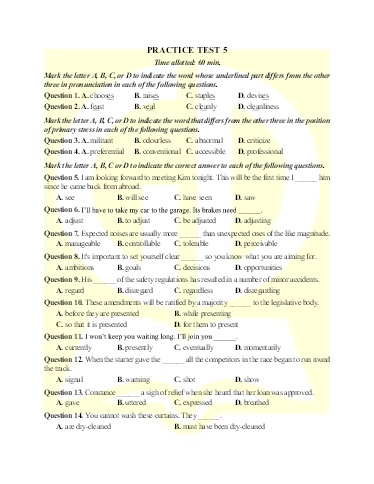 Bài tập bổ trợ ôn thi tốt nghiệp THPT môn Tiếng Anh - Đề 5 (Có đáp án)