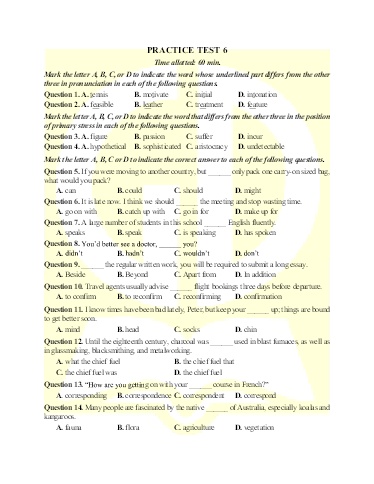 Bài tập bổ trợ ôn thi tốt nghiệp THPT môn Tiếng Anh - Đề 6 (Có đáp án)