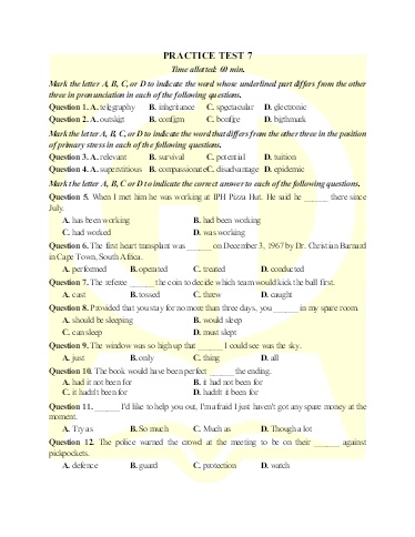 Bài tập bổ trợ ôn thi tốt nghiệp THPT môn Tiếng Anh - Đề 7 (Có đáp án)