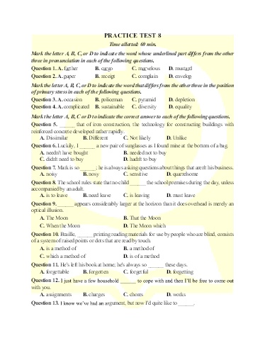 Bài tập bổ trợ ôn thi tốt nghiệp THPT môn Tiếng Anh - Đề 8 (Có đáp án)