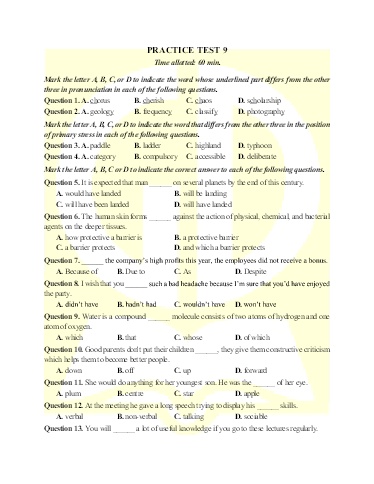 Bài tập bổ trợ ôn thi tốt nghiệp THPT môn Tiếng Anh - Đề 9 (Có đáp án)
