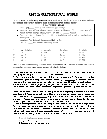 Bài tập bổ trợ thi Tốt nghiệp THPT Quốc gia môn Tiếng Anh Global Success - Unit 2: Multicultural world