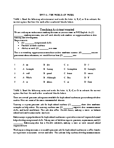 Bài tập bổ trợ thi Tốt nghiệp THPT Quốc gia môn Tiếng Anh Global Success - Unit 5: The world of work