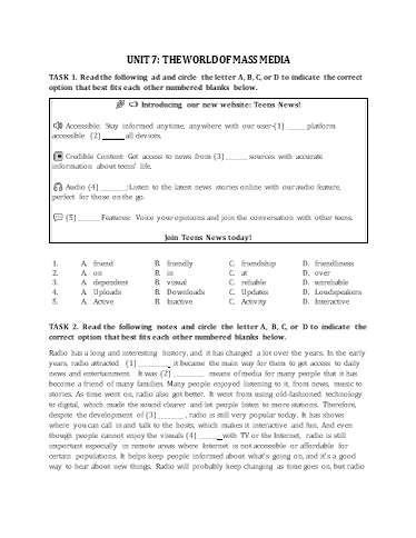 Bài tập bổ trợ thi Tốt nghiệp THPT Quốc gia môn Tiếng Anh Global Success - Unit 7: The world of mass media