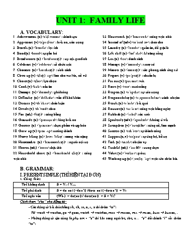 Bài tập bổ trợ Tiếng Anh Lớp 10 Global Success - Unit 1: Family life (Có đáp án)