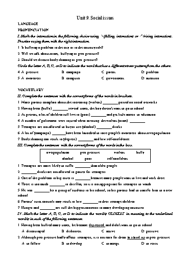 Bài tập bổ trợ Tiếng Anh Lớp 11 Global Success theo unit - Unit 9: Social issues (Có đáp án)
