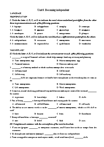 Bài tập bổ trợ Tiếng Anh Lớp 11 Global Success theo unit - Unit 8: Becoming independent (Có đáp án)