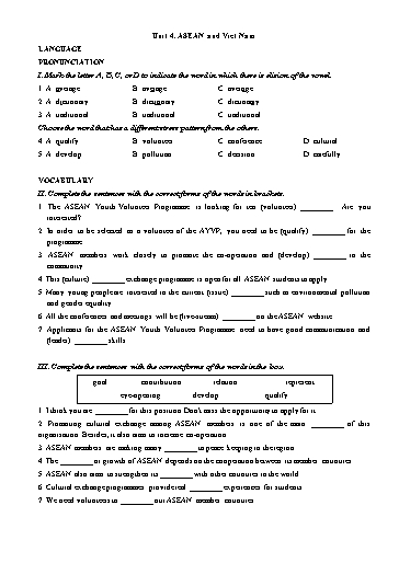 Bài tập bổ trợ Tiếng Anh Lớp 11 Global Success theo unit - Unit 4: Asean and Viet Nam (Có đáp án)