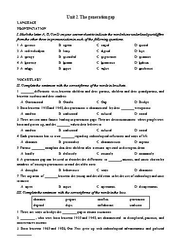 Bài tập bổ trợ Tiếng Anh Lớp 11 Global Success theo unit - Unit 2: The generation gap (Có đáp án)