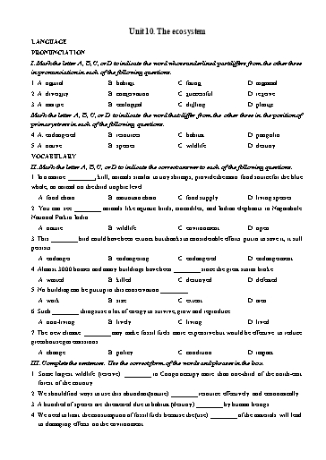 Bài tập bổ trợ Tiếng Anh Lớp 11 Global Success theo unit - Unit 10: The ecosystem (Có đáp án)