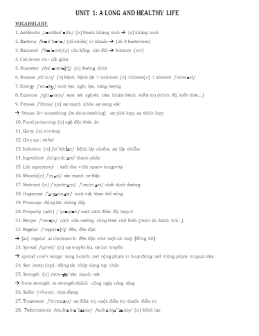 Bài tập bổ trợ Tiếng Anh Lớp 11 Global Success - Unit 1: A long and healthy life (Kèm đáp án)