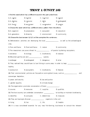 Bài tập bổ trợ Tiếng Anh Lớp 11 Global Success - Unit 10: Test 1 (Kèm đáp án)