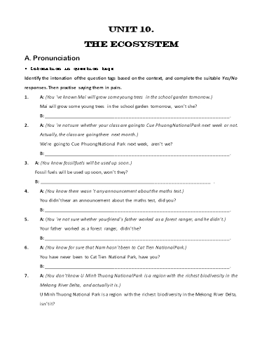 Bài tập bổ trợ Tiếng Anh Lớp 11 Global Success - Unit 10: The ecosystem (Kèm đáp án)