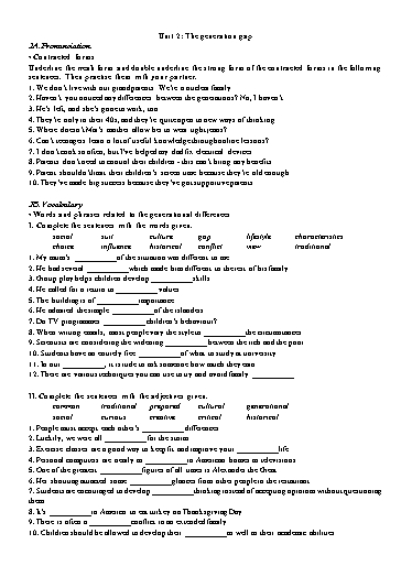 Bài tập bổ trợ Tiếng Anh Lớp 11 Global Success - Unit 2: The generation gap (Có đáp án)