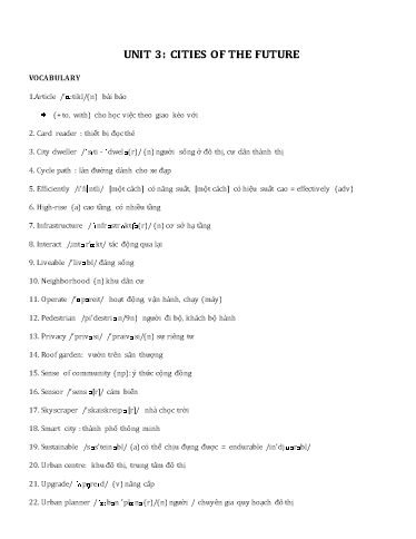 Bài tập bổ trợ Tiếng Anh Lớp 11 Global Success - Unit 3: Cities of the future (Kèm đáp án)