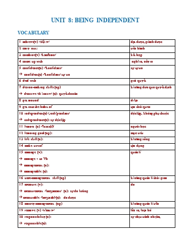 Bài tập bổ trợ Tiếng Anh Lớp 11 Global Success - Unit 8: Being independent (Có đáp án)
