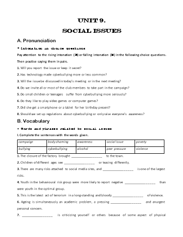 Bài tập bổ trợ Tiếng Anh Lớp 11 Global Success - Unit 9: Social issues (Kèm đáp án)