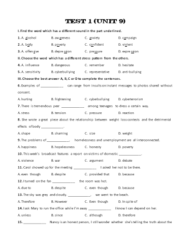 Bài tập bổ trợ Tiếng Anh Lớp 11 Global Success - Unit 9: Test 1 (Kèm đáp án)