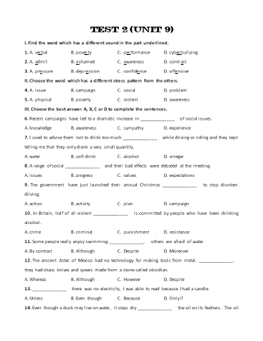 Bài tập bổ trợ Tiếng Anh Lớp 11 Global Success - Unit 9: Test 2 (Kèm đáp án)