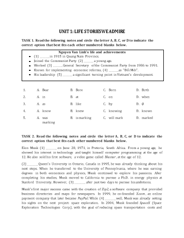 Bài tập bổ trợ Tiếng Anh Lớp 12 Global Success - Unit 1: Life stories we admire (Kèm đáp án)