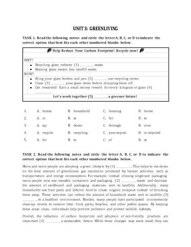 Bài tập bổ trợ Tiếng Anh Lớp 12 Global Success - Unit 3: Green living (Kèm đáp án)