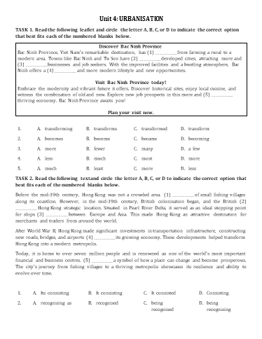 Bài tập bổ trợ Tiếng Anh Lớp 12 Global Success - Unit 4: Urbanisation (Kèm đáp án)