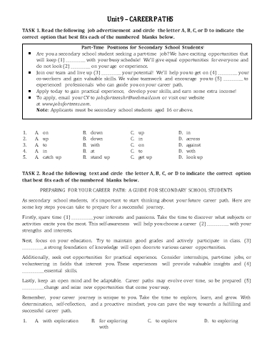 Bài tập bổ trợ Tiếng Anh Lớp 12 Global Success - Unit 9: Career paths (Kèm đáp án)