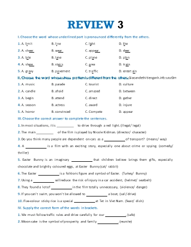 Bài tập bổ trợ Tiếng Anh Lớp 7 Global Success - Review 3: Unit 7+8+9 (Có đáp án)