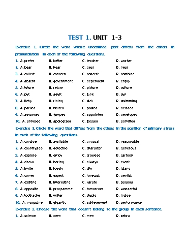 Bài tập bổ trợ Tiếng Anh Lớp 7 Global Success - Test 1: Unit 1-3