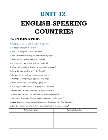 Bài tập bổ trợ Tiếng Anh Lớp 7 Global Success - Unit 12: English speaking countries (Có đáp án)