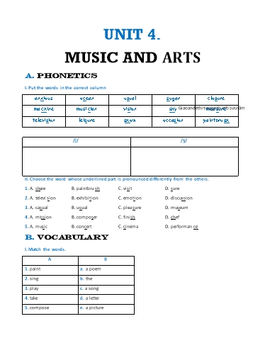 Bài tập bổ trợ Tiếng Anh Lớp 7 Global Success - Unit 4: Music and arts (Có đáp án)