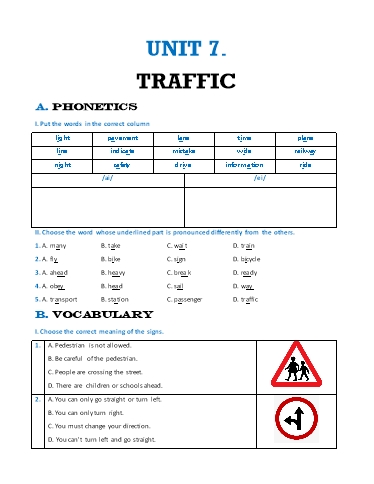 Bài tập bổ trợ Tiếng Anh Lớp 7 Global Success - Unit 7: Traffic (Có đáp án)