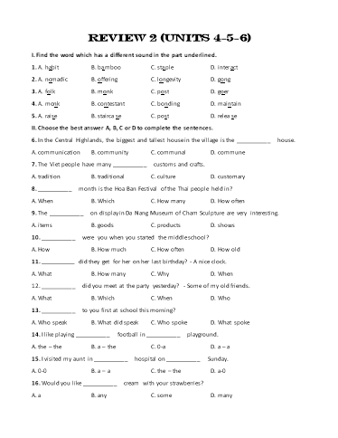 Bài tập bổ trợ Tiếng Anh Lớp 8 Global Success - Review 2: Unit 4+5+6 (Kèm đáp án)