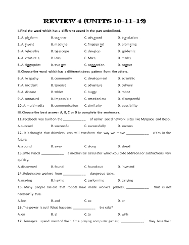Bài tập bổ trợ Tiếng Anh Lớp 8 Global Success - Review 4: Unit 10+11+12 (Kèm đáp án)